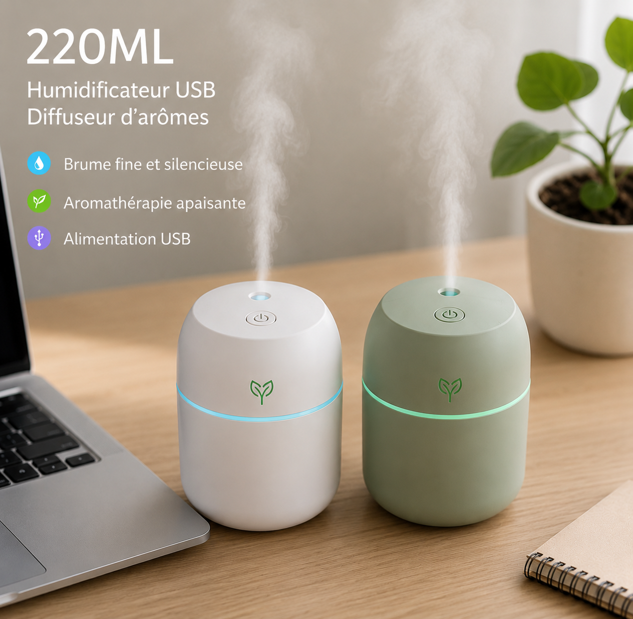 Humidificateur d'air 220ml, protection contre la coupure de courant.